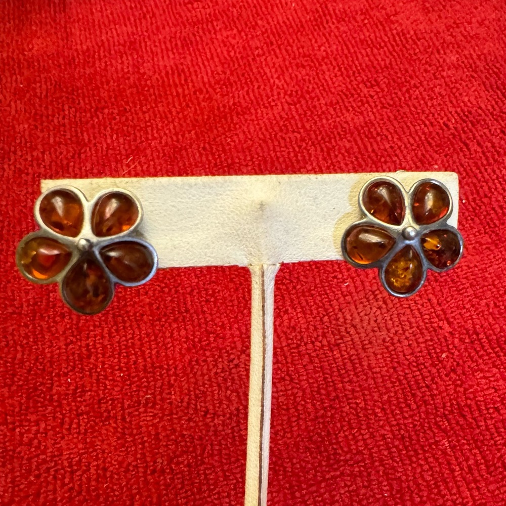 Sterling Silver Vintage Flower Earrings with Amber Accents